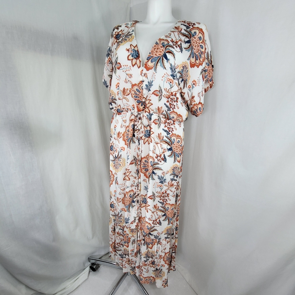 JustFab Floral Maxi DRESS Womens Size 1X Short Sleeve White Blues Rust Gauze - Picture 13 of 13